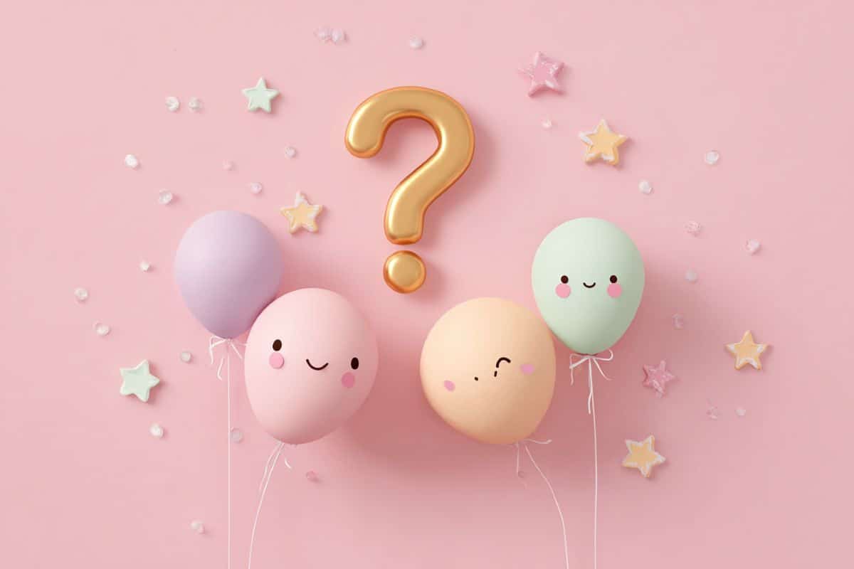 Illustration kawaii minimaliste : grand point d’interrogation au centre avec petites décorations d’anniversaire (ballons souriants, étoiles, rubans) sur fond pastel