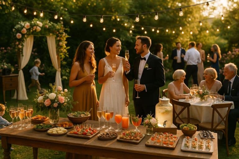 Vin d'honneur de mariage en extérieur, invités élégants autour d'une grande table en bois, ambiance conviviale au coucher du soleil avec buffets, guirlandes lumineuses et espace photobooth fleuri.