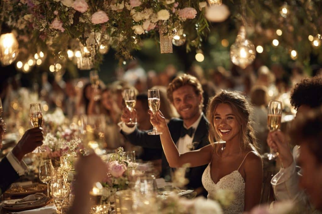 Animation mariage originale avec mariés et invités en fête sous guirlandes lumineuses repas champagne mariés cheers