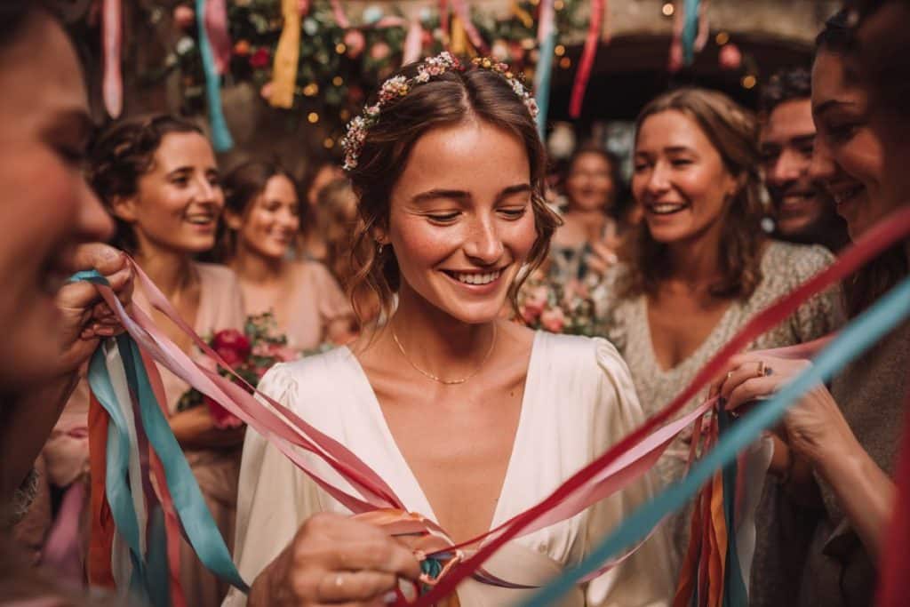 Mariée coupant des rubans colorés comme alternative au lancé de bouquet traditionnel