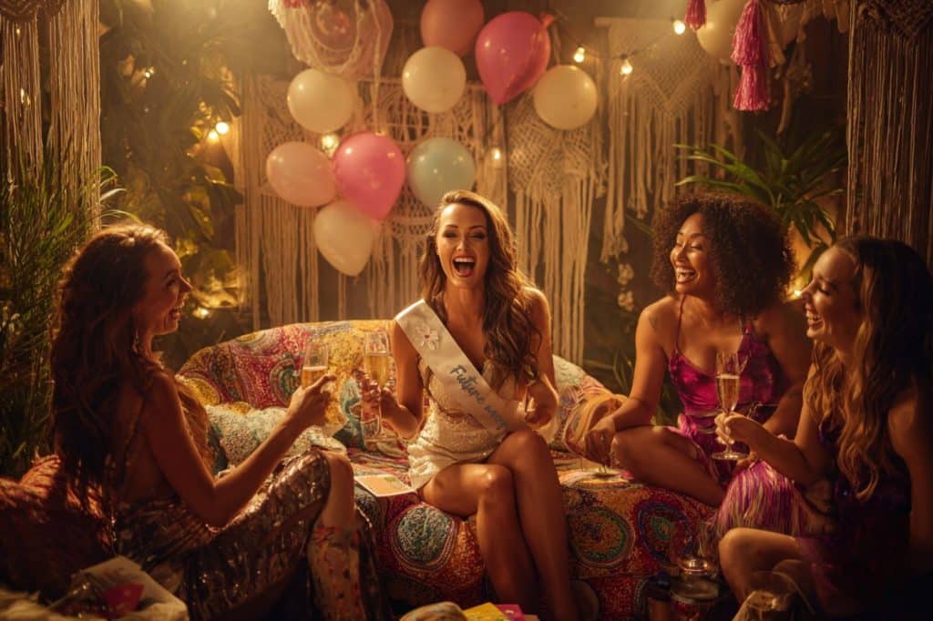 ambiance salon bohèe verre champagne rigolade question evjf entre filles