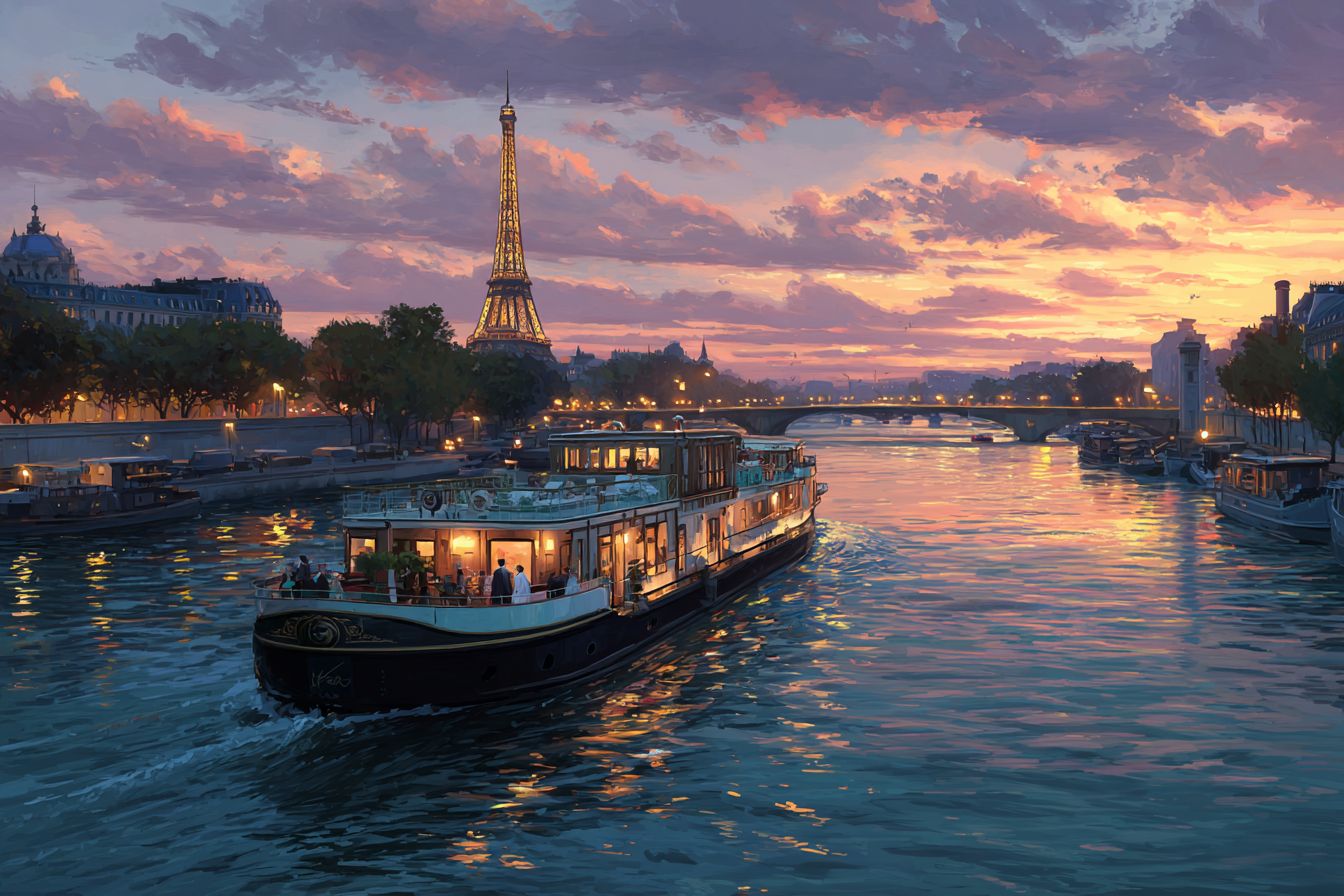 peinture sur toile illustration mariage péniche paris tour eiffel nuit tombée ciel orangé
