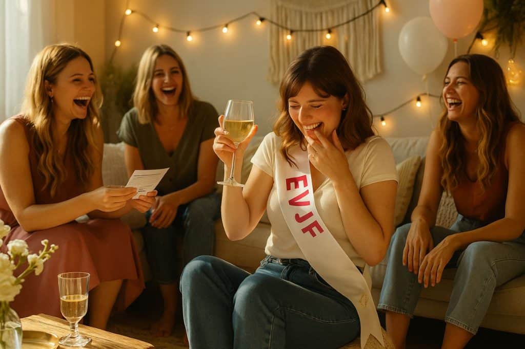 Future mariée avec écharpe "Bride to Be" qui rougit en riant pendant qu’on lui pose des questions osées lors de son EVJF, entourée de ses amies dans une ambiance festive et colorée.