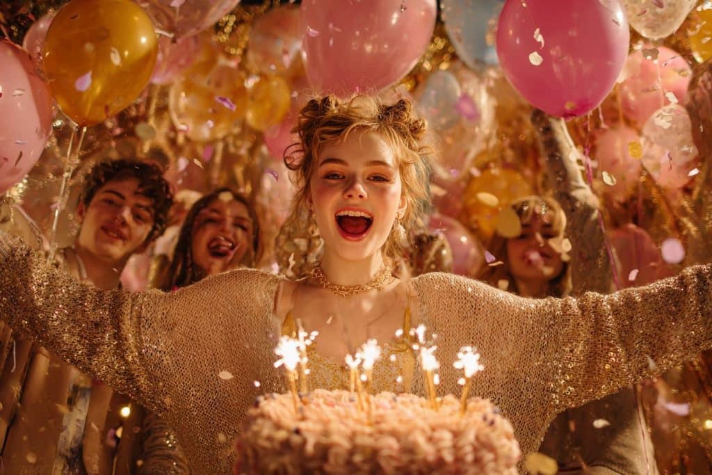 Fête d’anniversaire de 16 ans avec amies, ballons pastel et gâteau décoré d’étincelles.
