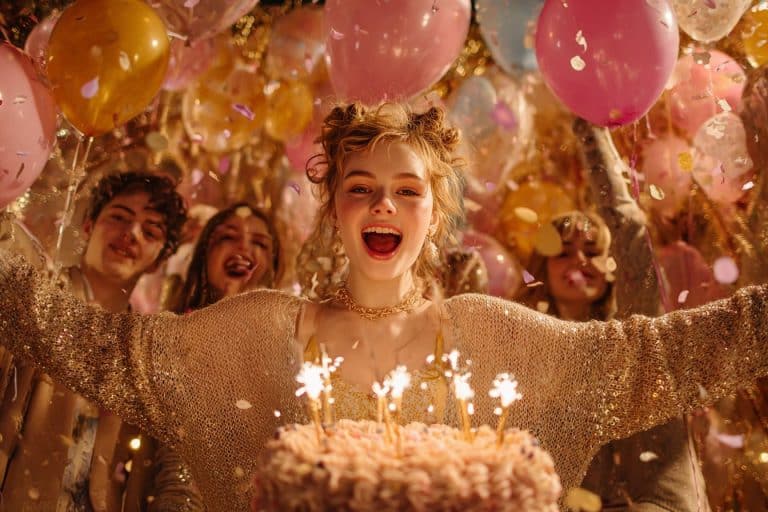 Fête d’anniversaire de 16 ans avec amies, ballons pastel et gâteau décoré d’étincelles.