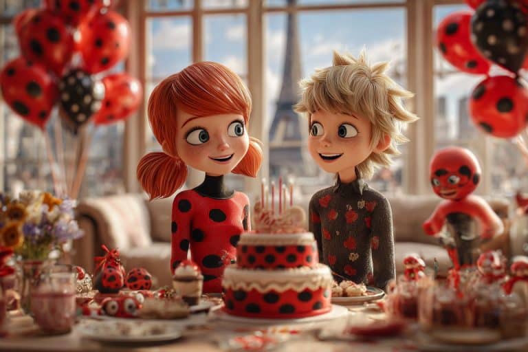 dessin animé marinette miraculous ladybug anniversaire gateau table décoration chat noir