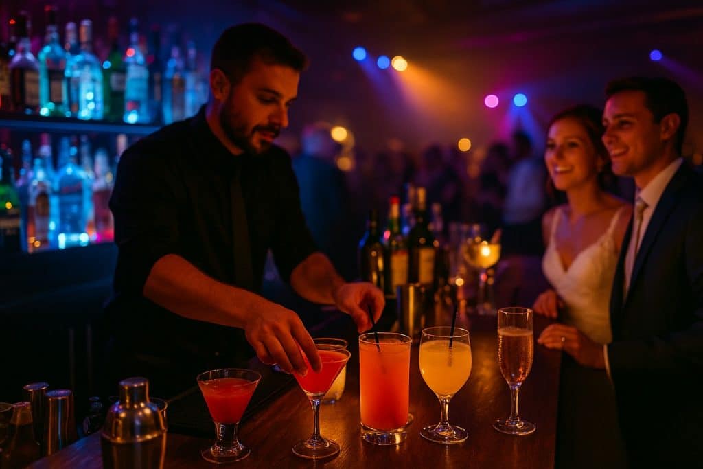 Bar à cocktails animé lors d’un mariage de nuit : un barman prépare des boissons colorées pour des invités souriants sous des lumières festives.