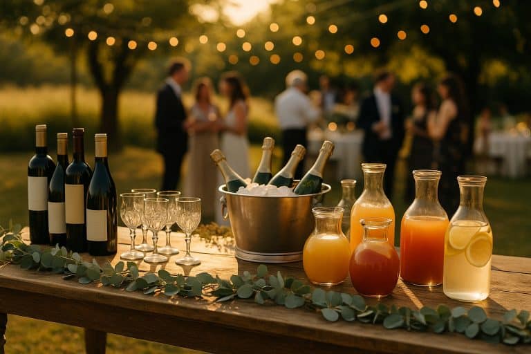Réception de mariage en extérieur en été avec une table de boissons élégante : bouteilles de vin, seaux de champagne, carafes de jus et décoration bohème.