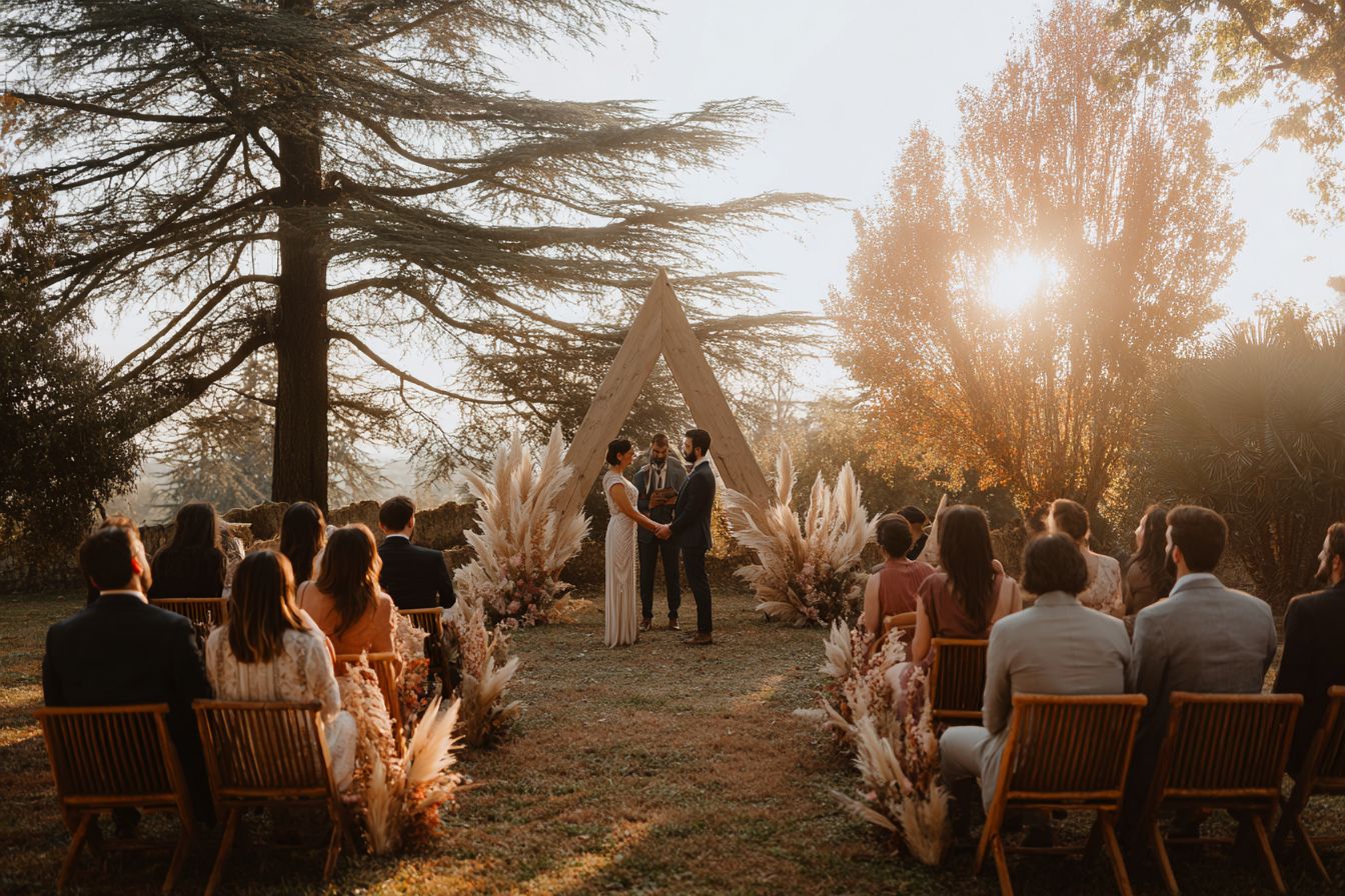 Mariage en petit comité dans un jardin rustique au coucher du soleil, les mariés échangent leurs vœux sous une arche en bois décorée de fleurs et pampas, entourés de 20 invités