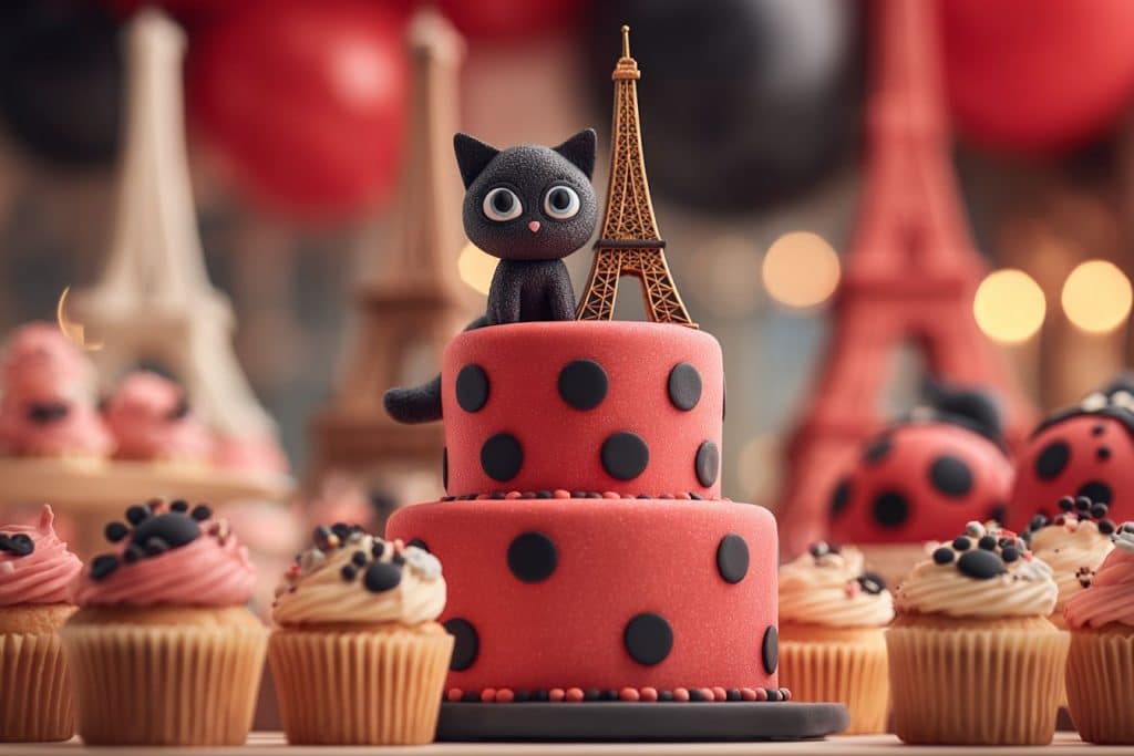 gateau diy miraculous chat noir tour eiffel rouge coccinelle points noirs close up cupcakes