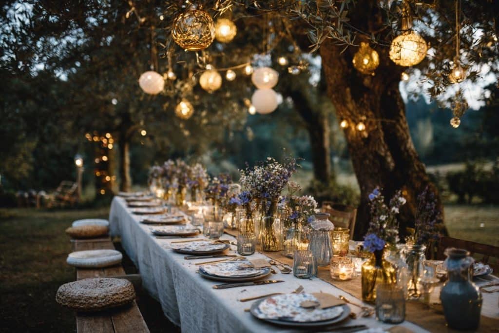 Table champêtre décorée de guirlandes lumineuses et fleurs sauvages pour un anniversaire en plein air