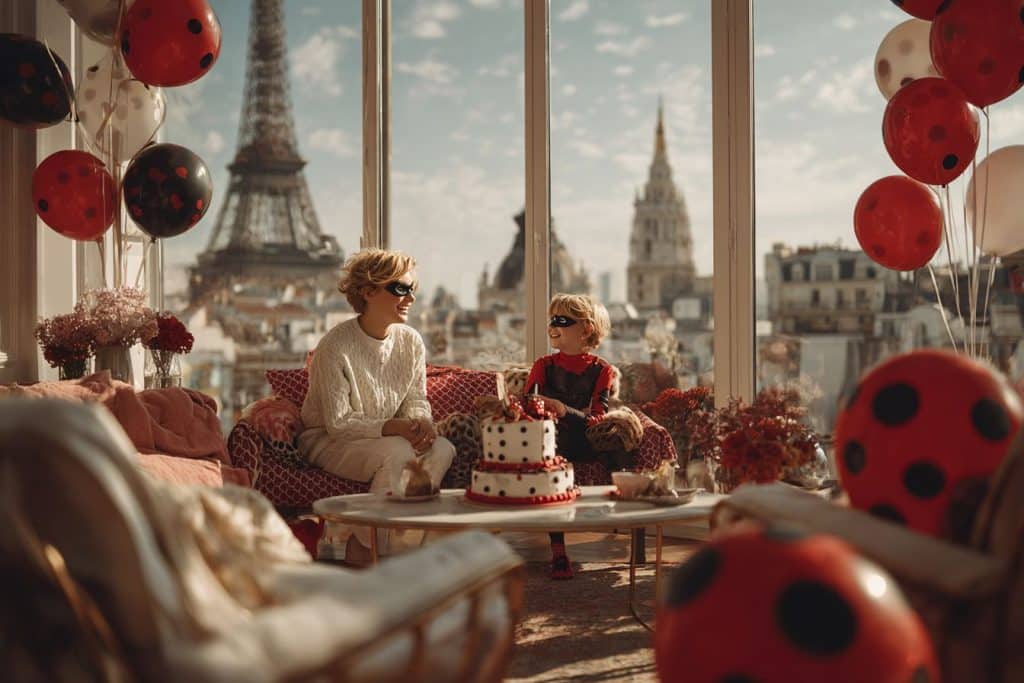 enfant et maman déguisé en miraculous ladybug appartement parisien vue tour eiffel décoration ballon coccinelle