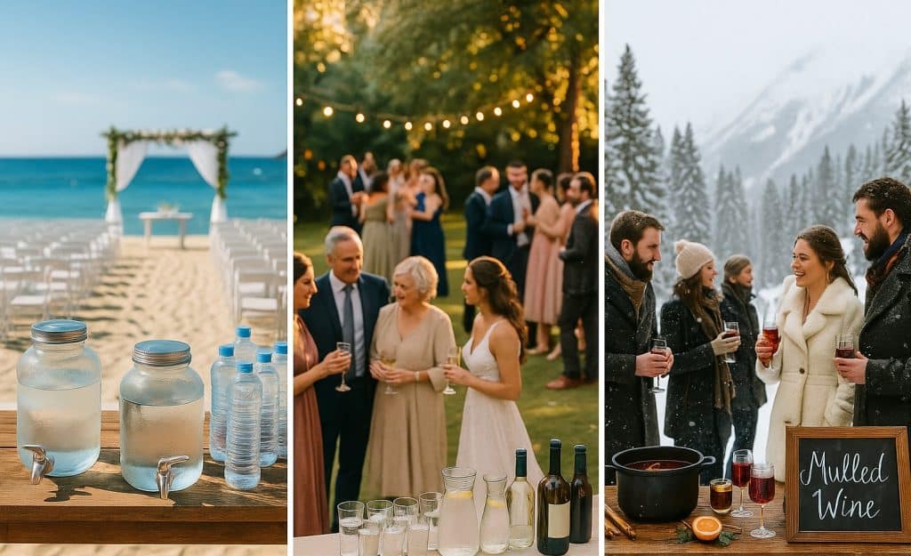 Triptyque photo montrant trois mariages : une cérémonie sur la plage avec station d’eau en été, une réception en extérieur au jardin, et un mariage hivernal à la montagne avec vin chaud