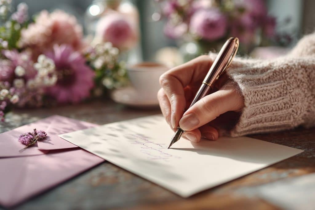Gros plan sur des mains écrivant une carte d’anniversaire avec un stylo plume et enveloppe rose en arrière-plan.