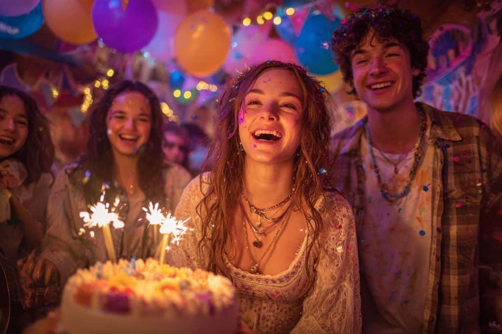 Fête d’anniversaire de 16 ans avec amies, ballons pastel et gâteau décoré feu de bengale fille decoration