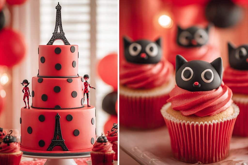 Gâteau d’anniversaire Miraculous Ladybug à deux étages rouge et noir avec figurines de Ladybug et Chat Noir