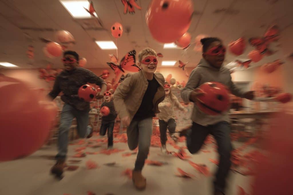 Enfants jouant à la chasse aux Akumas lors d’un anniversaire Miraculous Ladybug avec yo-yos rouges et décor festif