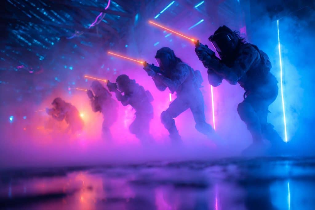 Partie de laser game entre amis pour un anniversaire 16 ans dans une salle lumineuse