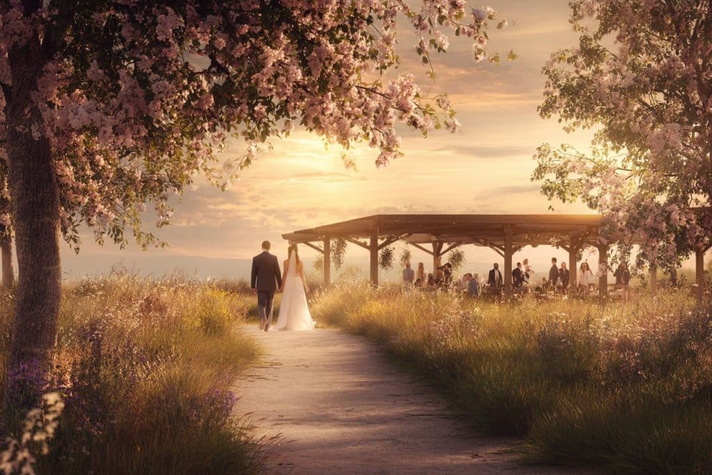 Jeunes mariés marchant main dans la main après une cérémonie intimiste, invités en arrière-plan sous une pergola, lumière dorée du soir