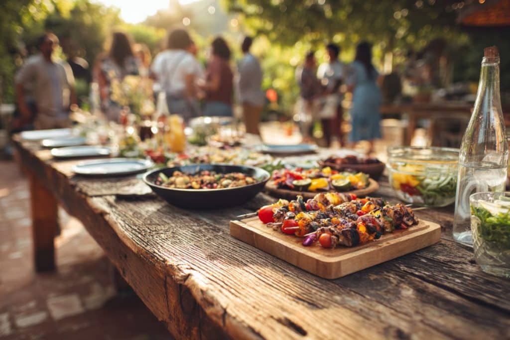 Buffet et barbecue convivial dressés en plein air pour un anniversaire festif