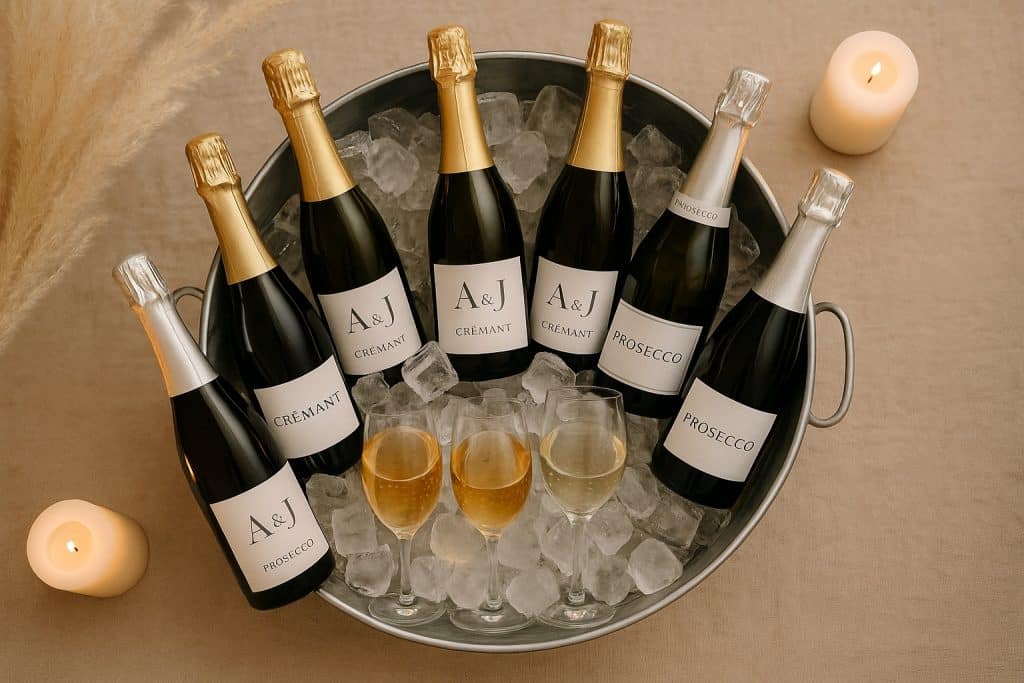 Plan à plat d’un seau à glace stylé rempli de bouteilles de Crémant et Prosecco aux étiquettes personnalisées, sur une nappe neutre avec déco en herbes de la pampa et bougie.