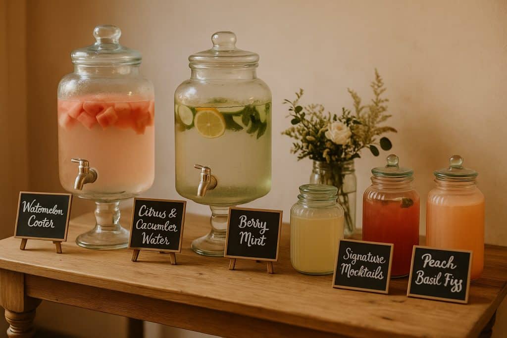 Station DIY de boissons pour mariage en intérieur : grands distributeurs de eaux infusées et bocaux pastel de mocktails, étiquettes ardoise manuscrites et déco champêtre.