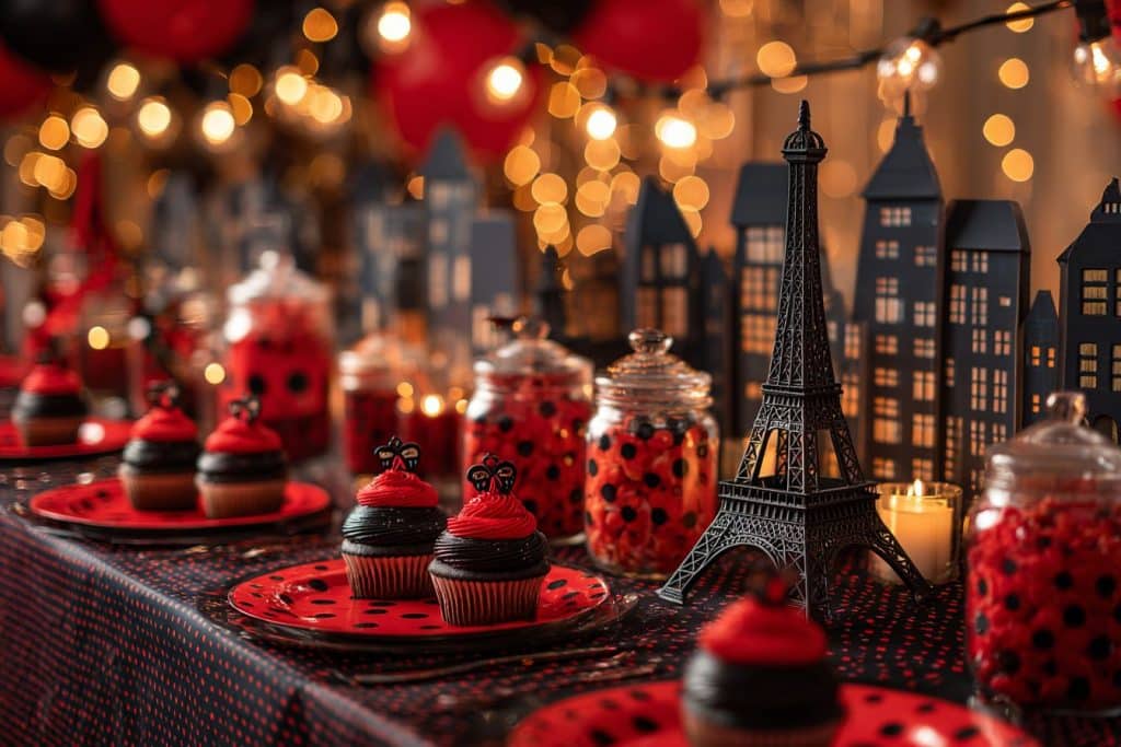 Table de fête Miraculous Ladybug décorée en rouge et noir avec cupcakes coccinelle, vaisselle thématique et mini Tour Eiffel