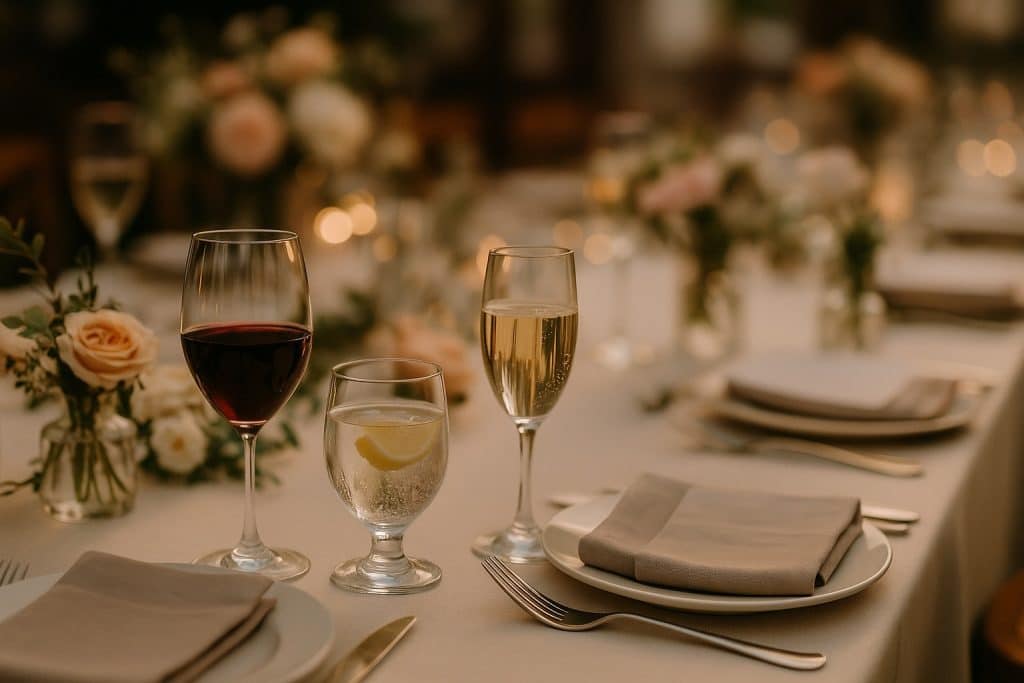 Table de mariage élégamment dressée : gros plan sur verres de vin rouge, flûtes de champagne et eau pétillante avec une tranche de citron, nappes en lin et arrangements floraux minimalistes.