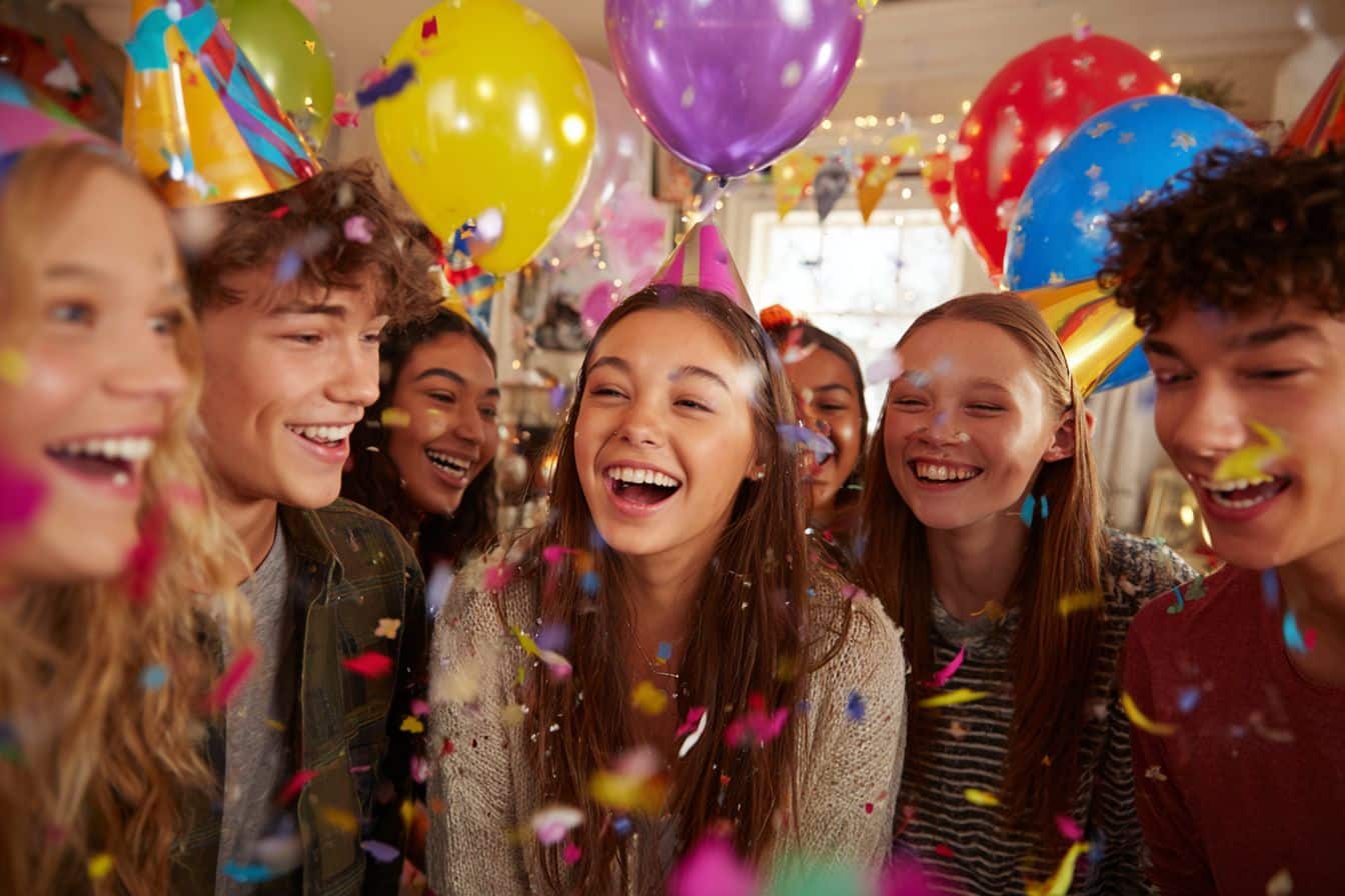 Fête d'anniversaire 14 ans avec groupe d'adolescents qui s'amusent dans un salon décoré avec ballons colorés