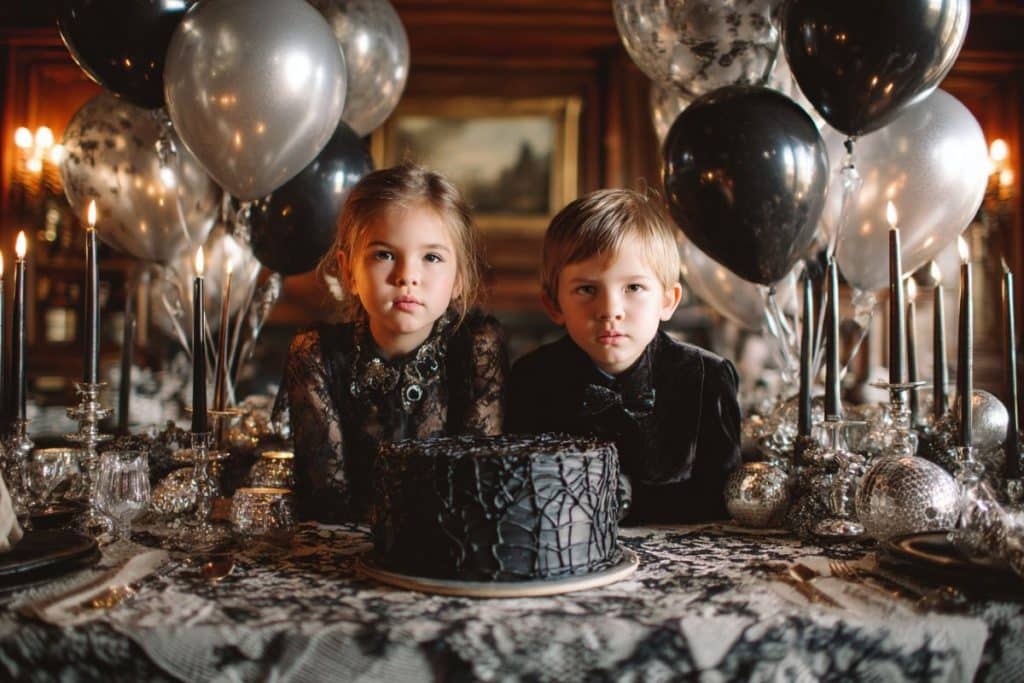 Décoration d’anniversaire Mercredi Addams gothique chic avec enfants en tenue noire et gâteau noir à la toile d’araignée