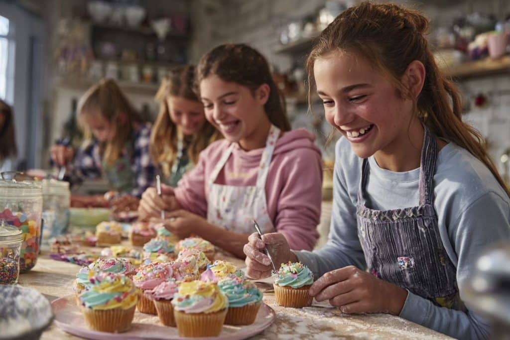Atelier pâtisserie créative pour anniversaire 14 ans avec groupe de filles décorant des cupcakes dans une cuisine