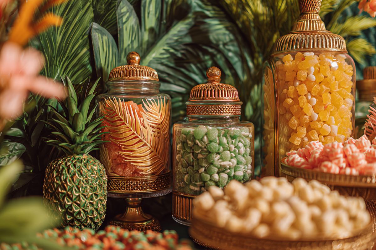 Sweet table tropicale pour anniversaire : bocaux de bonbons colorés, ananas et feuilles de palmier