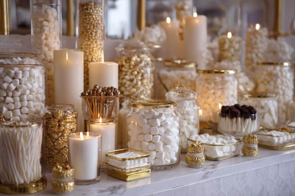 Bar à bonbon bapteme candy bar élégant moderne chic en blanc et or avec décoration minimaliste