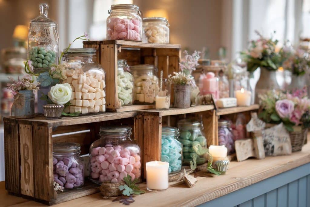Bar à bonbon mariage avec caisses en bois empilées et bocaux remplis de sucreries