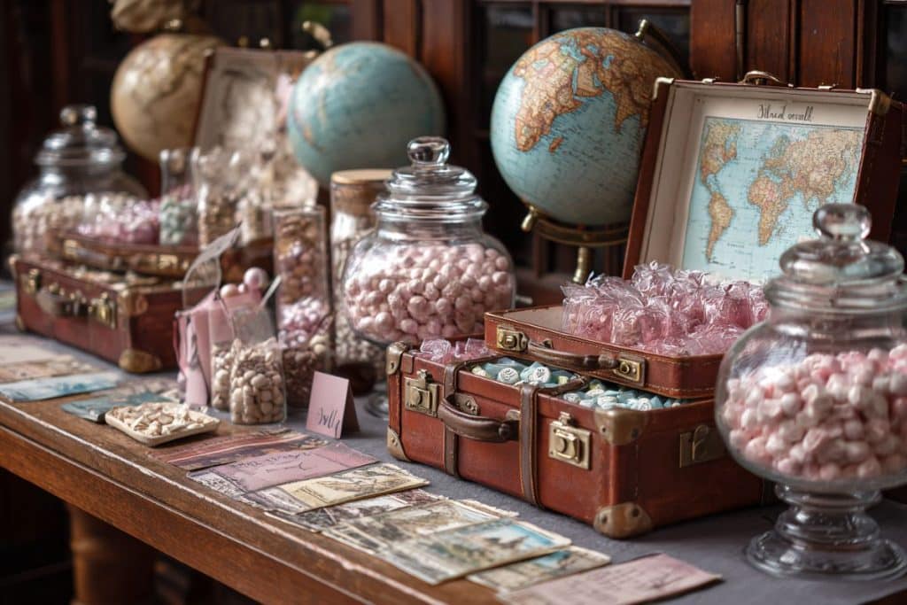 Bar à bonbon mariage décoré avec valises vintage et malles de voyage