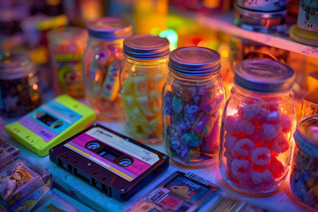 Candy bar anniversaire années 90 avec bonbons rétro et déco fluo
