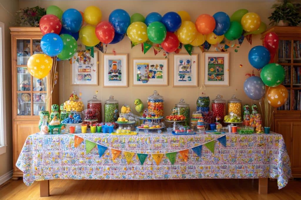 andy bar anniversaire enfant avec table colorée, vaisselle assortie et bonbons