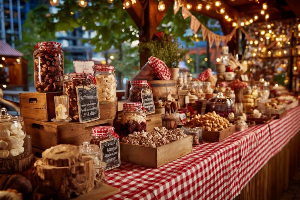 Candy bar anniversaire guinguette avec nappe vichy rouge, bocaux de nougats et guirlandes lumineuses