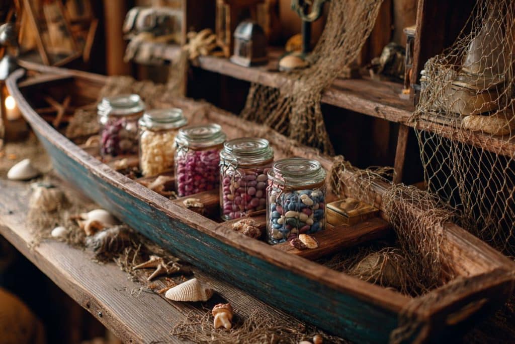 Candy bar mariage installé dans une barque en bois avec décoration marine