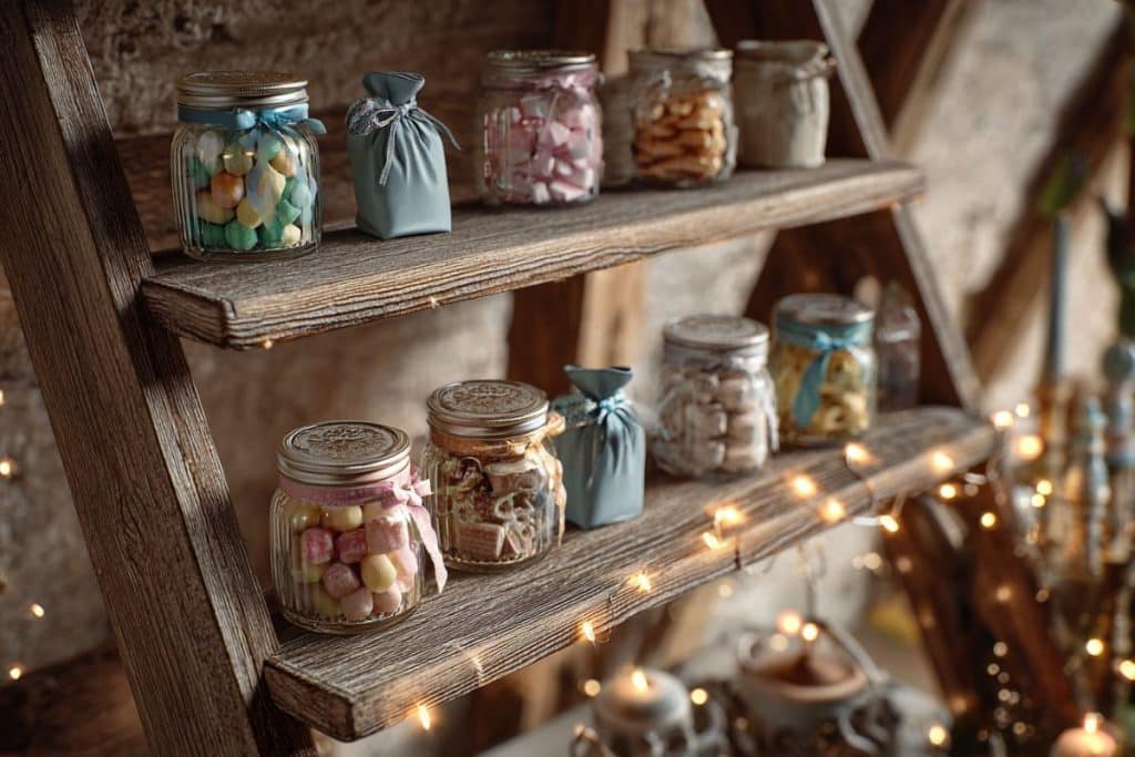 Candy bar mariage installé sur échelle en bois avec bocaux de bonbons sécurisés