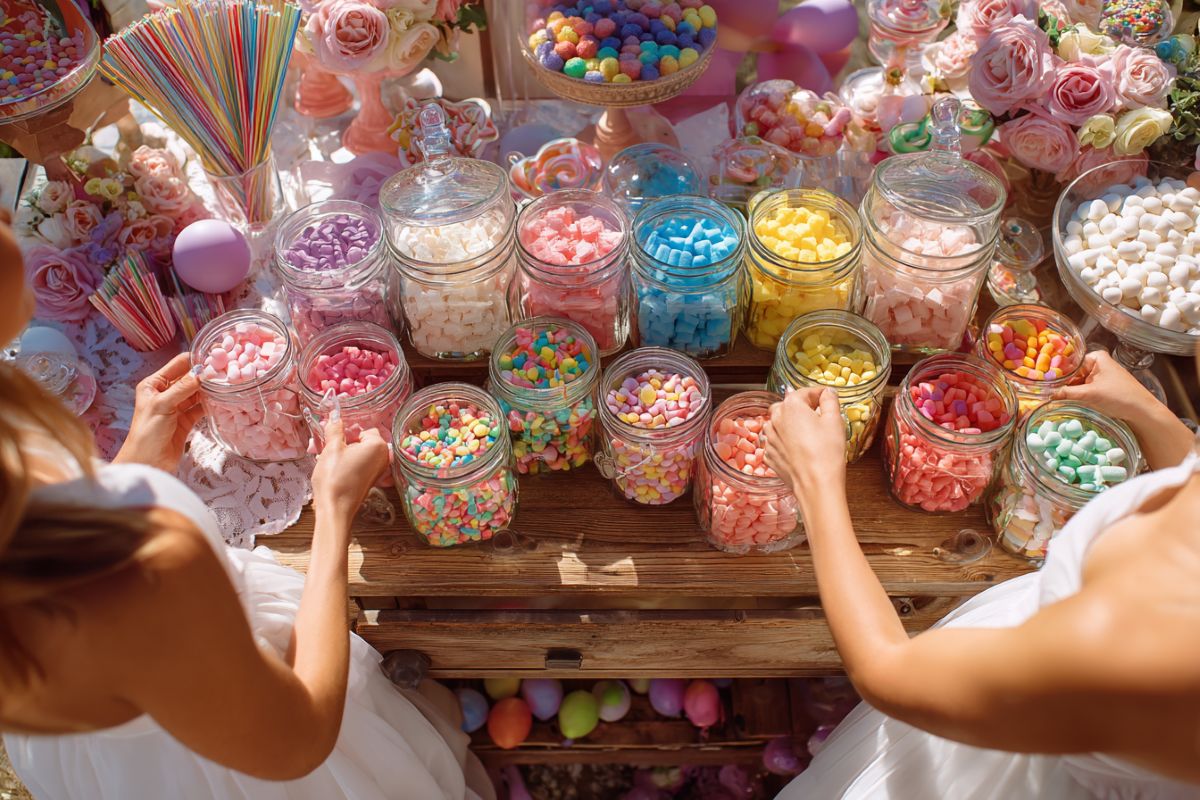 Invités de mariage se servant au candy bar coloré décoré sur une charrette en bois, vue en plongée