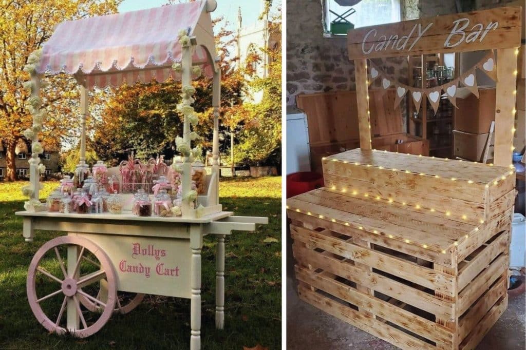 Candy bar mariage en palettes bois recyclées chariot sur herbe en extérieur blanc et rose bonbonnière colorées