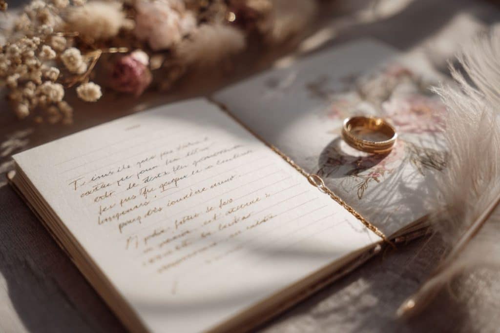 carnet de vœux de mariage ouvert avec texte romantique en français