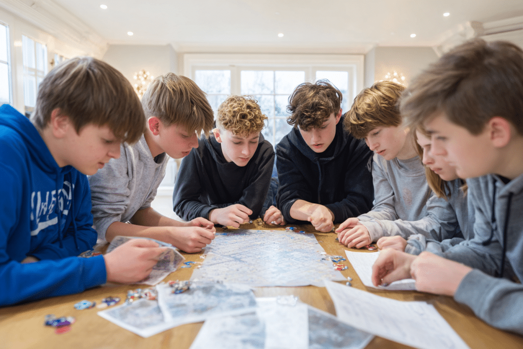 Escape game maison expert pour anniversaire 14 ans avec groupe de garçons résolvant des énigmes ensemble