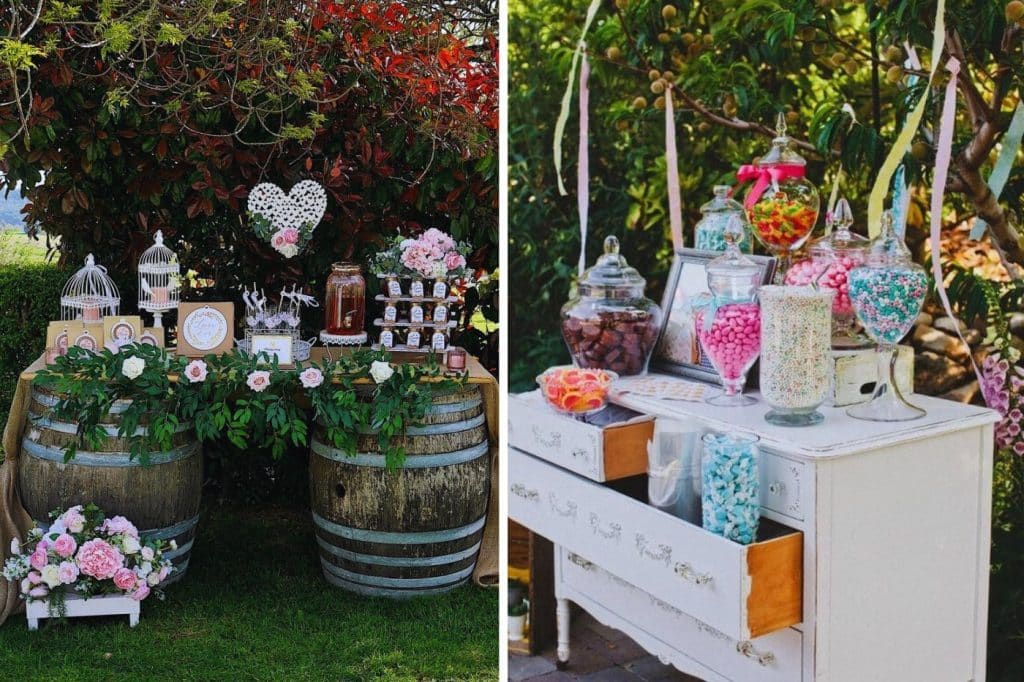 Bar à bonbon mariage installé sur tonneaux à vin pour un mariage chic à la campagne buffet commode vintage extérieur mariage décoration