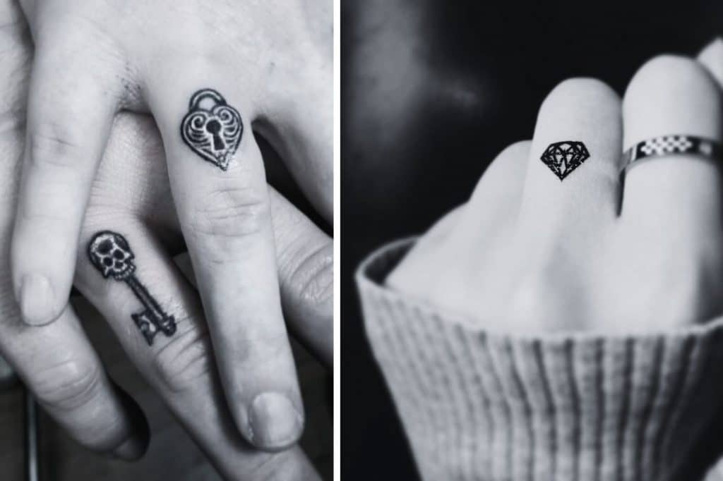 noir et blanc tatouage alliance diamant coeur tete e mort cadenas coffre dessin annulaire