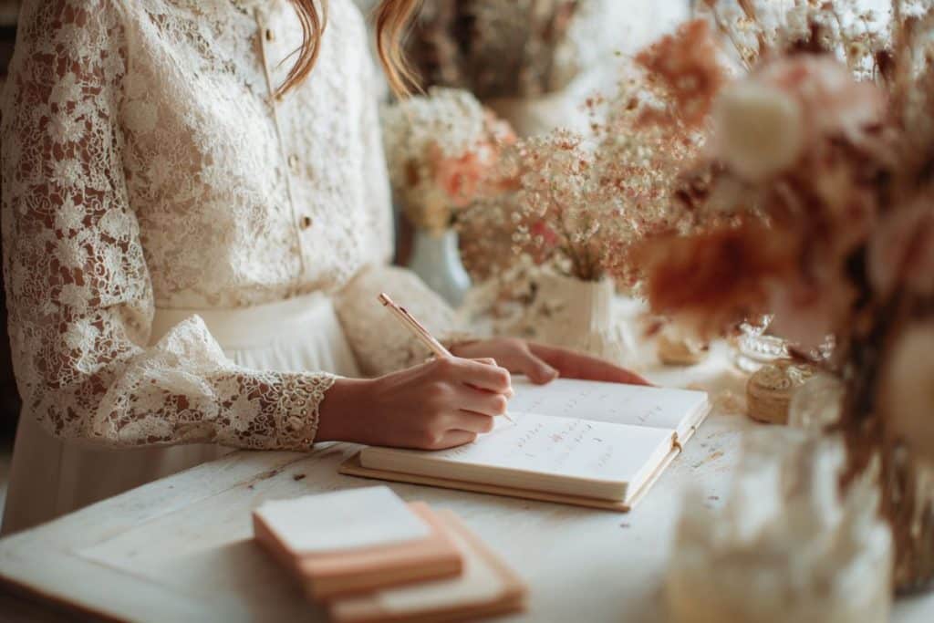 livre d’or de mariage ouvert avec message en français calligraphié par la mariée robe blanche dentelle