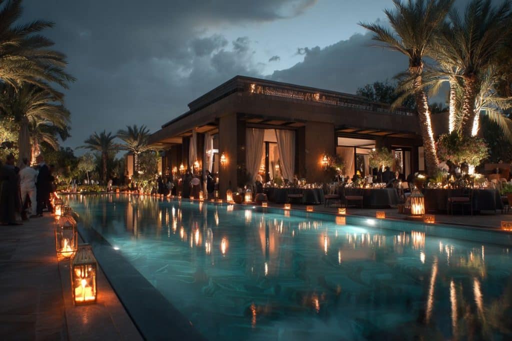 tombé de la nuit villa de luxe piscine Marrakech maroc lanterne poolside party