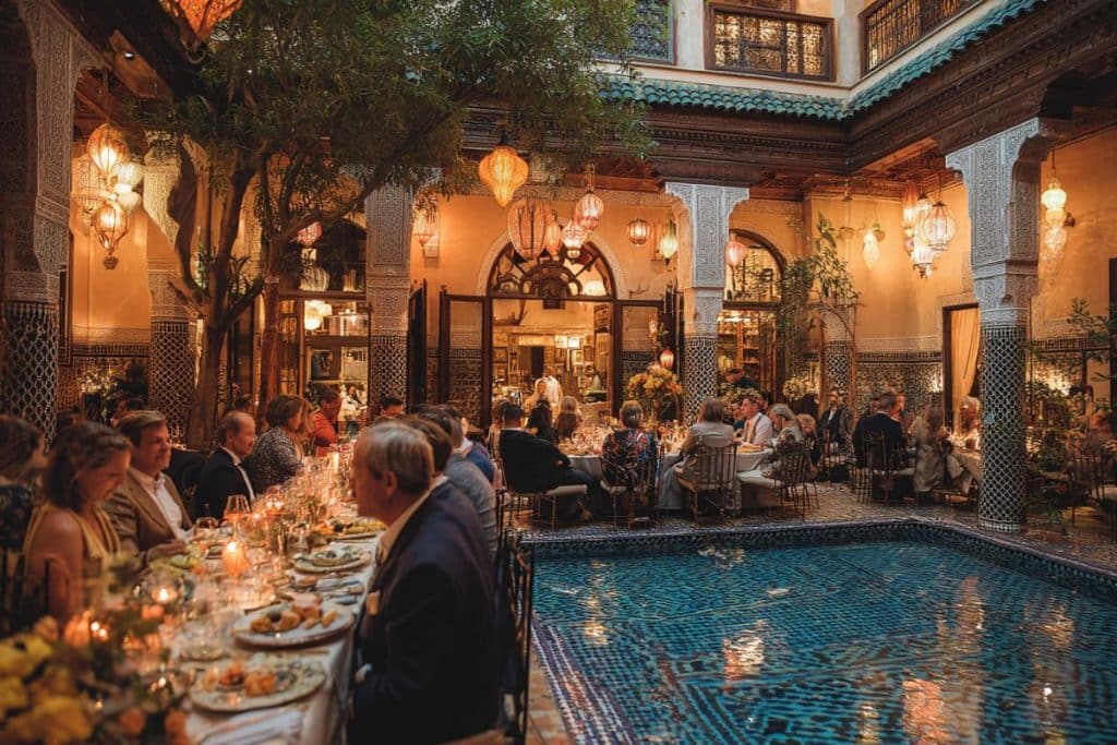 Réception de mariage dans un riad traditionnel à Marrakech avec invités français
