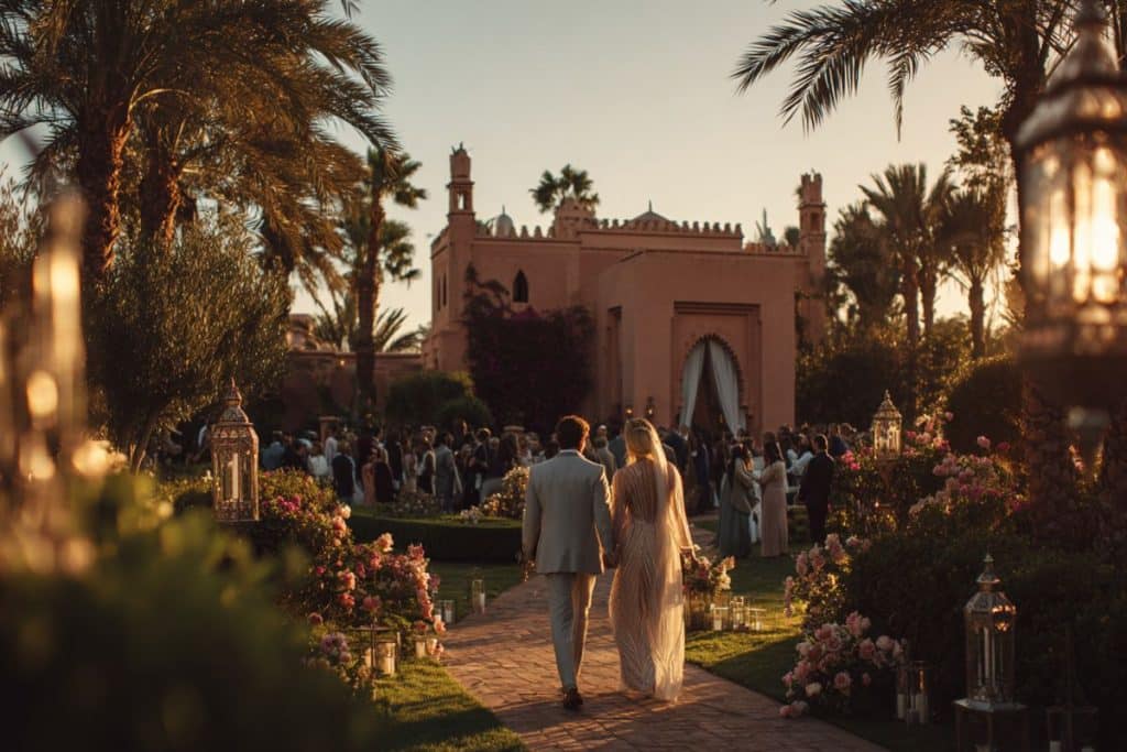 couple de français mariés au maroc mariage allée palmerais lieu exceptionnel coucher de soleil